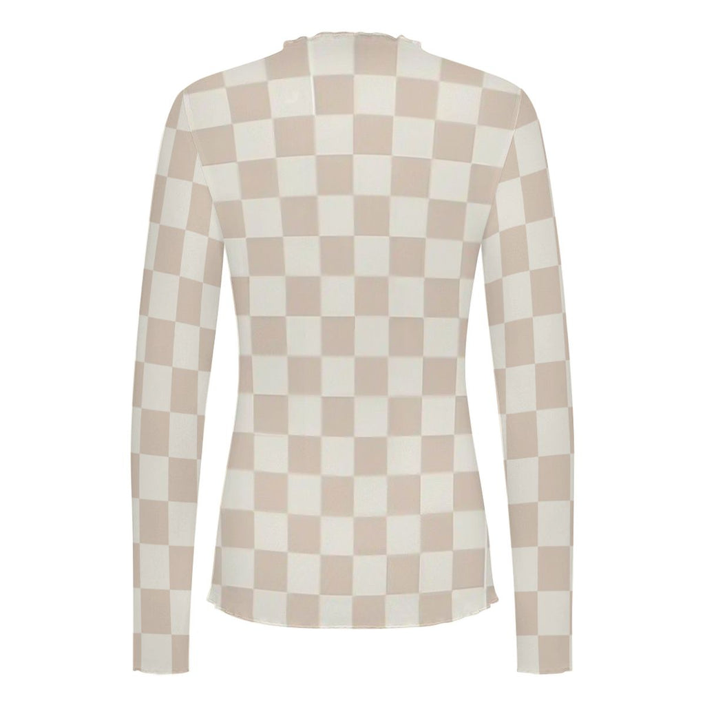 Checkered High Neck Mesh Long Sleeve Tops