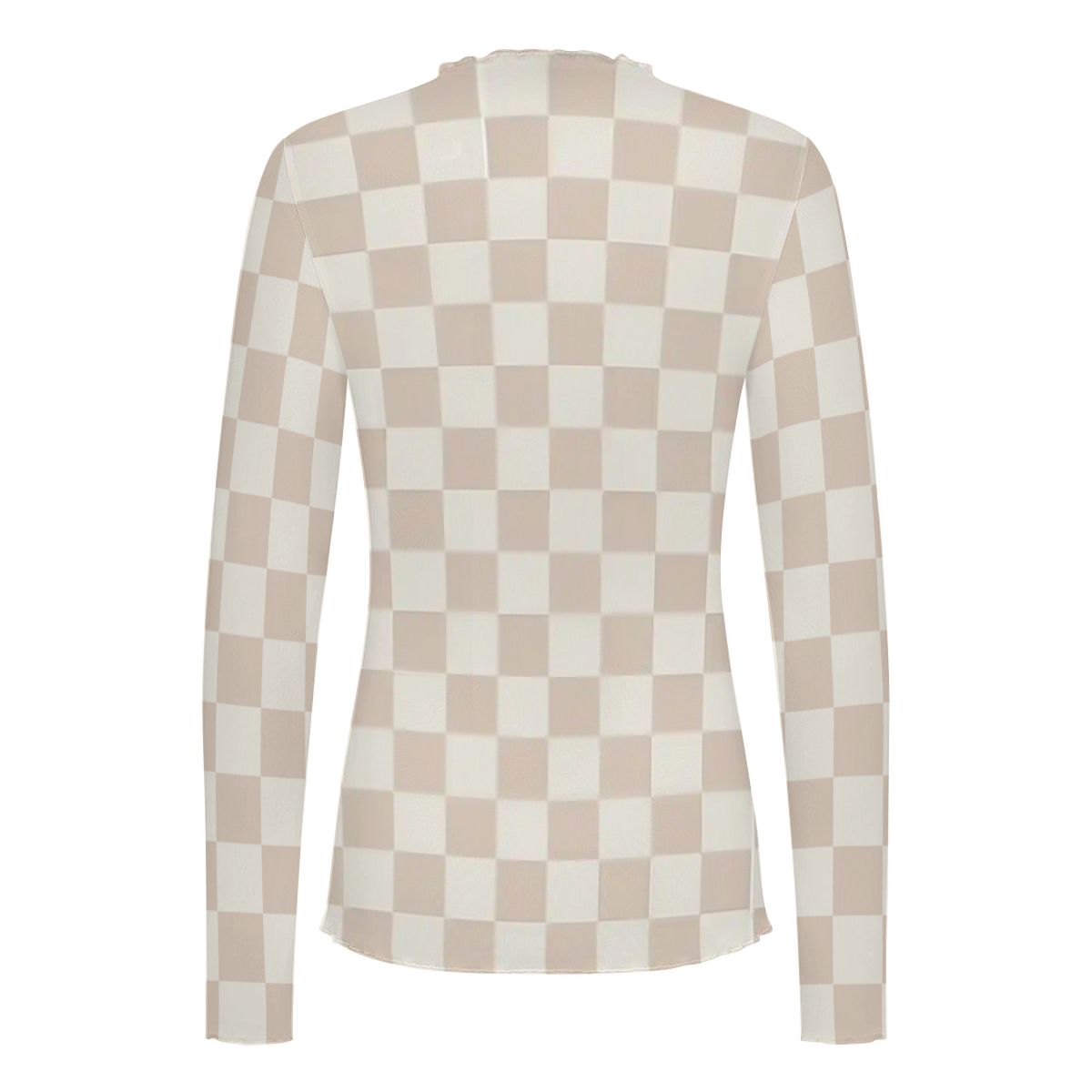 Checkered High Neck Mesh Long Sleeve Tops