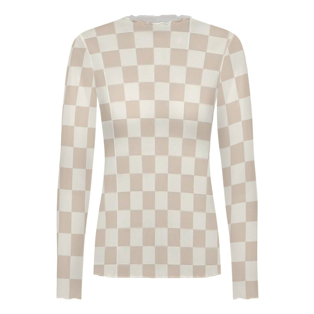 Checkered High Neck Mesh Long Sleeve Tops