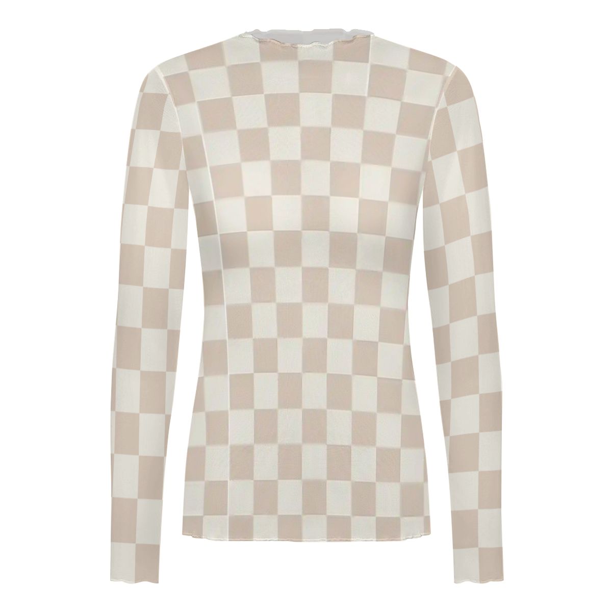 Checkered High Neck Mesh Long Sleeve Tops