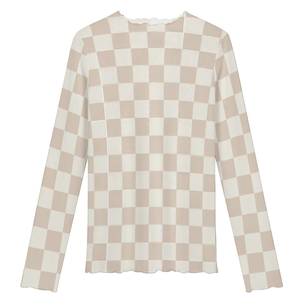 Checkered High Neck Mesh Long Sleeve Tops