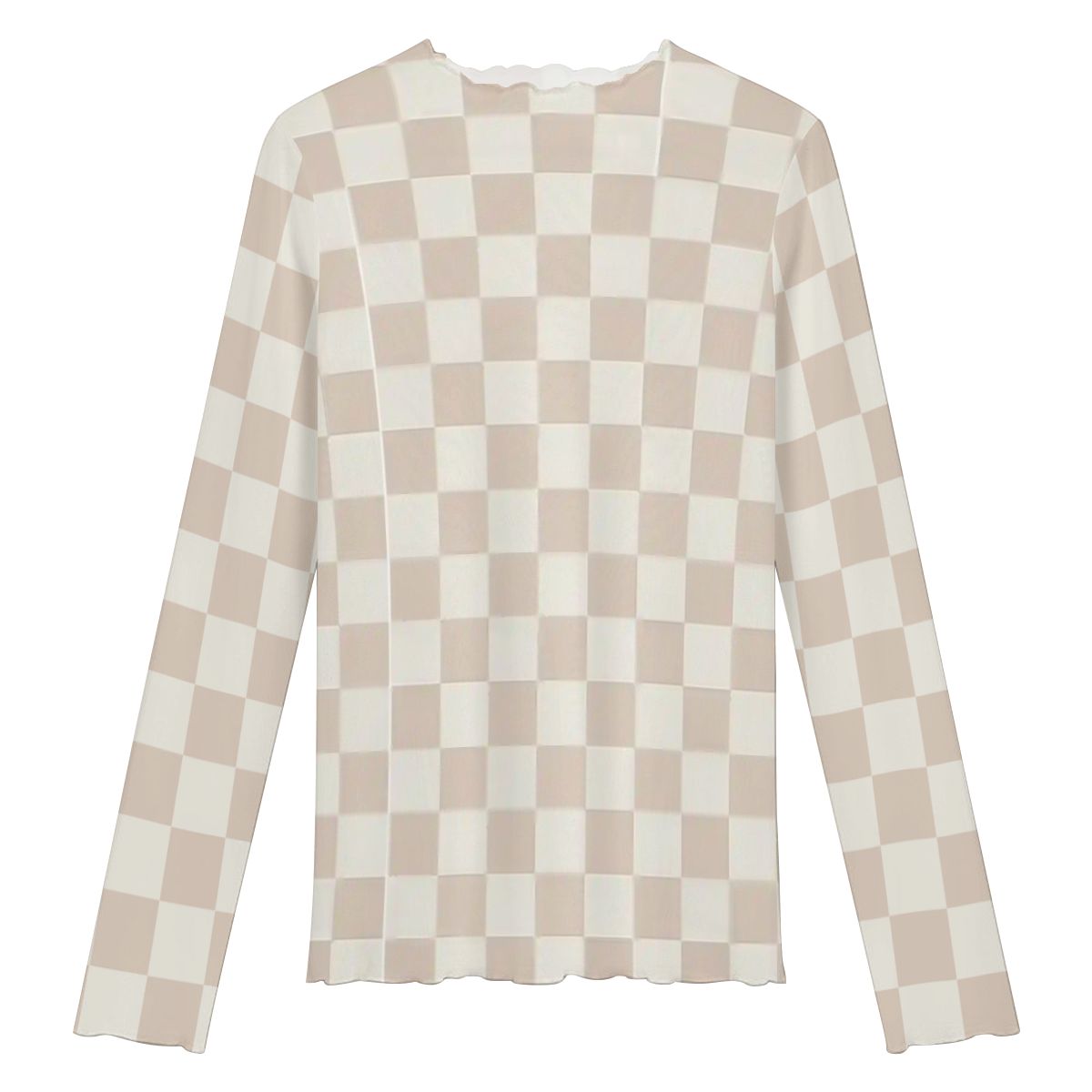 Checkered High Neck Mesh Long Sleeve Tops