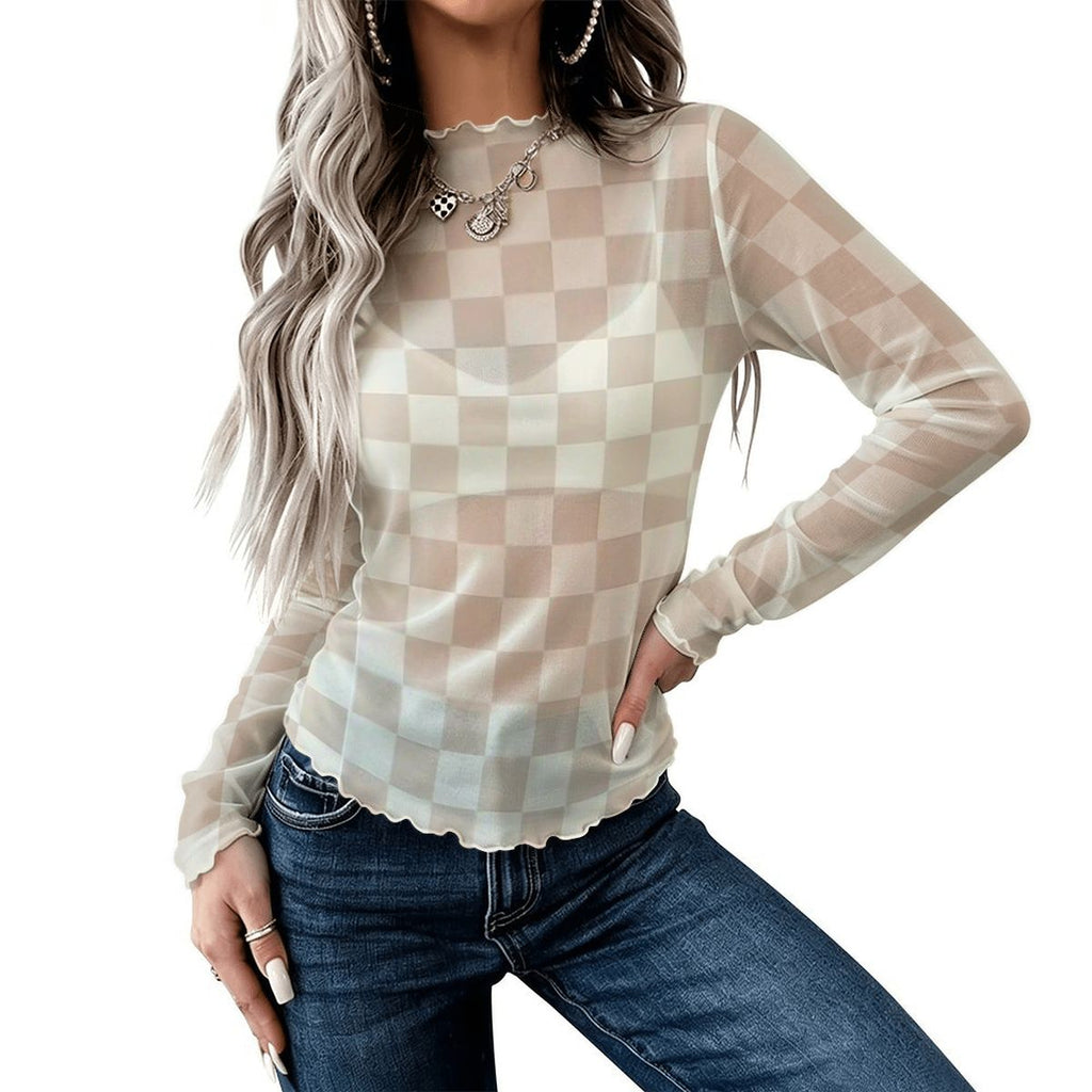 Checkered High Neck Mesh Long Sleeve Tops