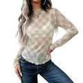 Checkered High Neck Mesh Long Sleeve Tops