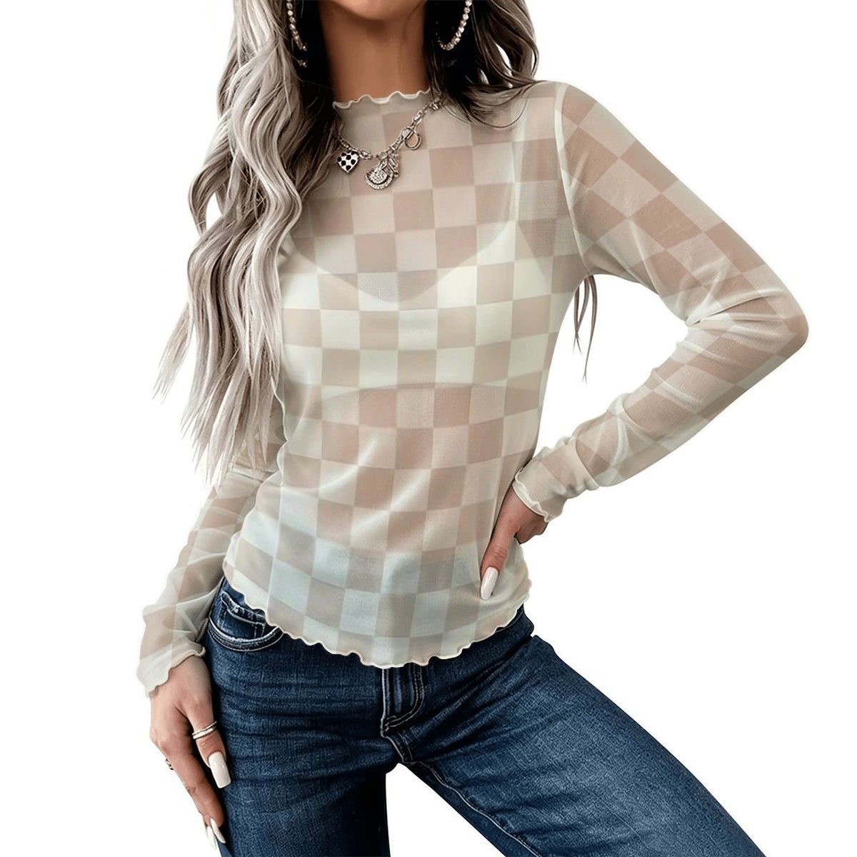 Checkered High Neck Mesh Long Sleeve Tops
