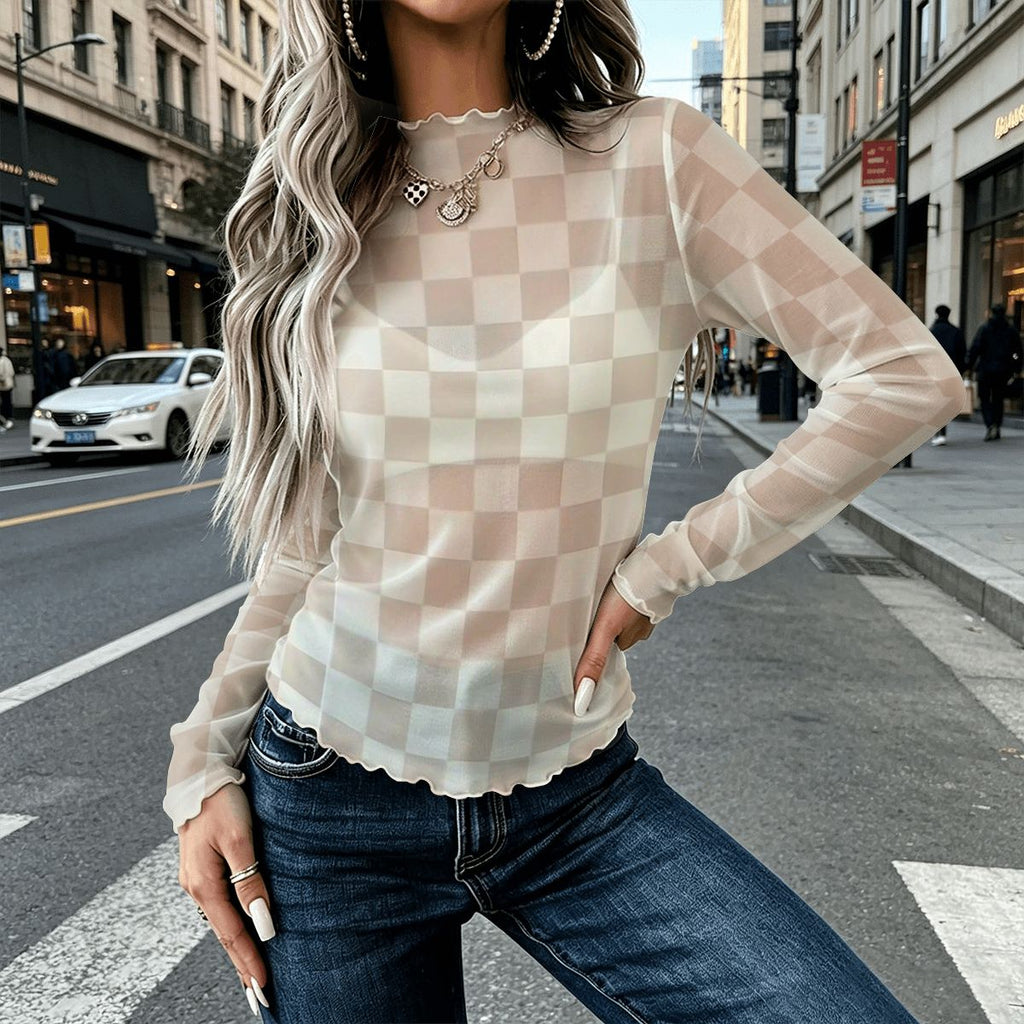Checkered High Neck Mesh Long Sleeve Tops